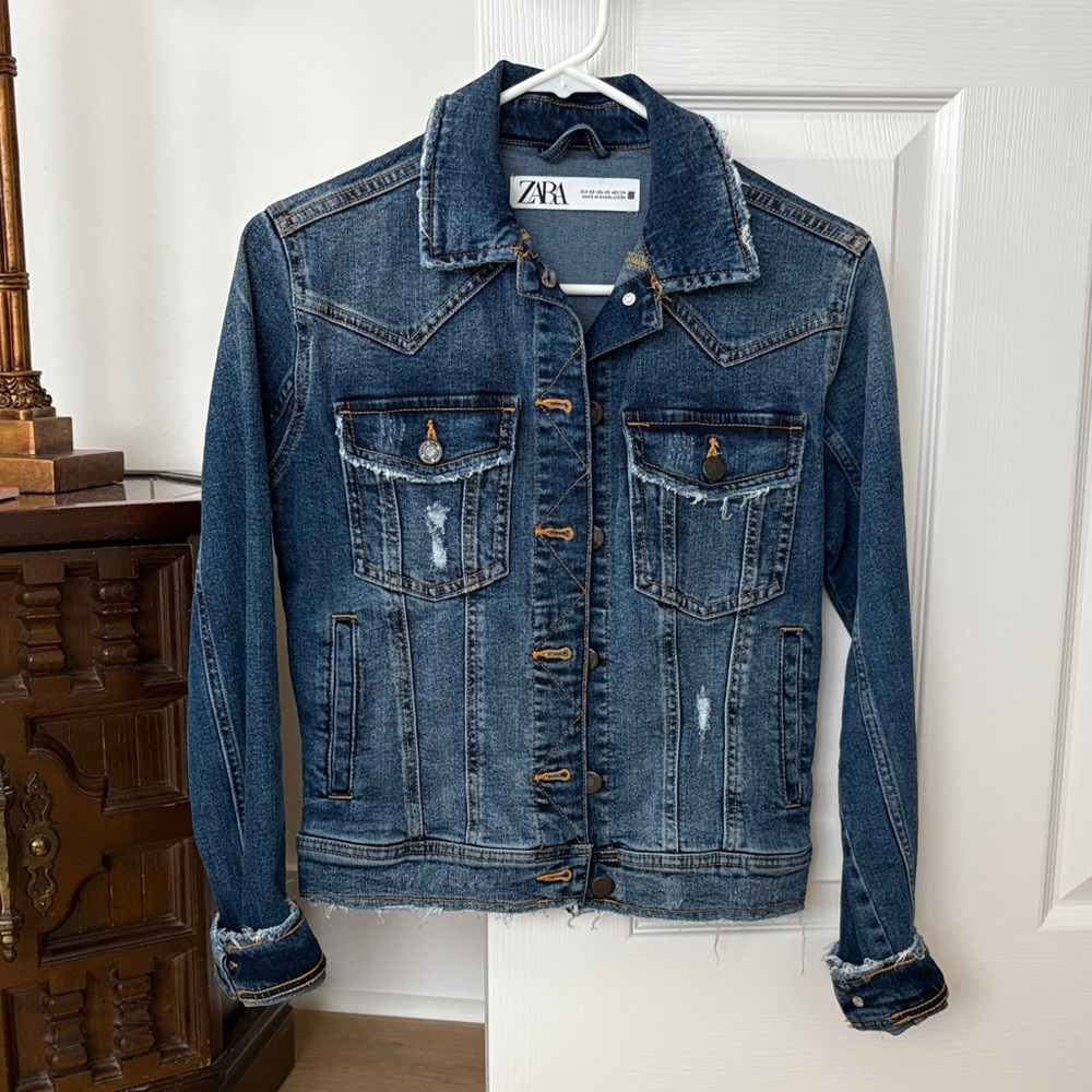 Zara Women's Distressed Blue Jean Jacket